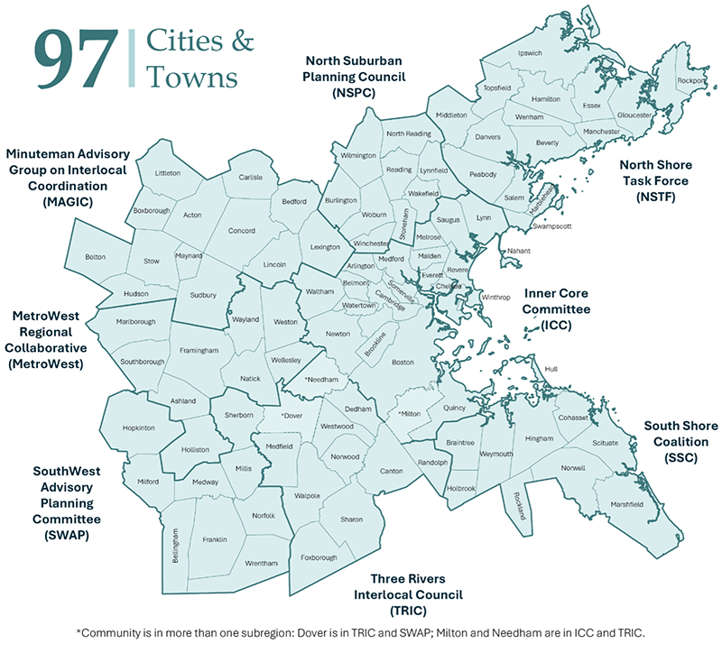 A map of the Boston Regional MPO, encompassing the wider Boston metropolitan region. The map shows municipal borders and divides the area into  eight subregions: the North Shore Task Force (NSTF) encompassing communities along the shores to the Northeast of Boston, the North Suburban Planning Council (NSPC), a band of communities directly north of Boston, the Minuteman Advisory Group on Interlocal Coordination (MAGIC), communities stretching to the northwest from Lexington to Acton, the MetroWest Regional Collaborative (MetroWest), communities to the immediate west of Boston, the SouthWest Advisory Planning Committee (SWAP), a group of communities to the far southwest of Boston,  the Three Rivers Interlocal Council (TRIC), communities to the south of Boston centered on Norwood, the South Shore Coalition (SSC), the coastal communities southeast of Boston, and the Inner Core Committee (ICC), encompassing the city Boston and its immediate neighbors. 